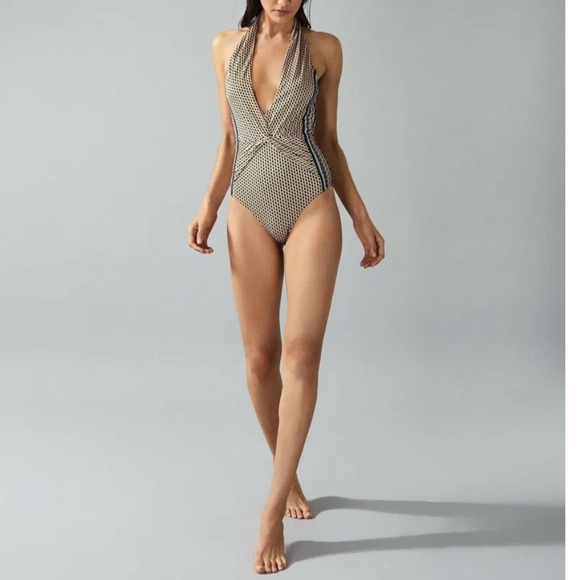 Reiss Blue and Tan One Piece with Textured Bow Detail - Picture 10 of 11